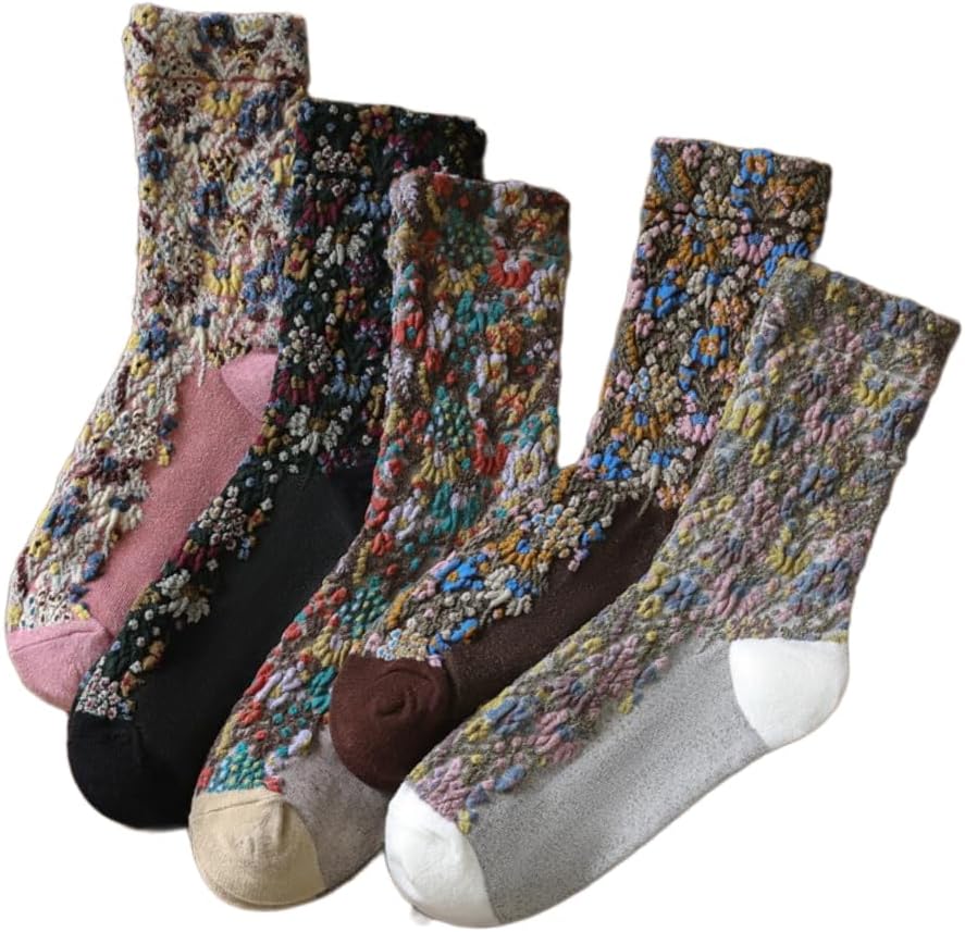 Vintage Embroidered Crew Socks for Women with Cute Flowers, Combed Cotton Crew Socks for Spring and Fall