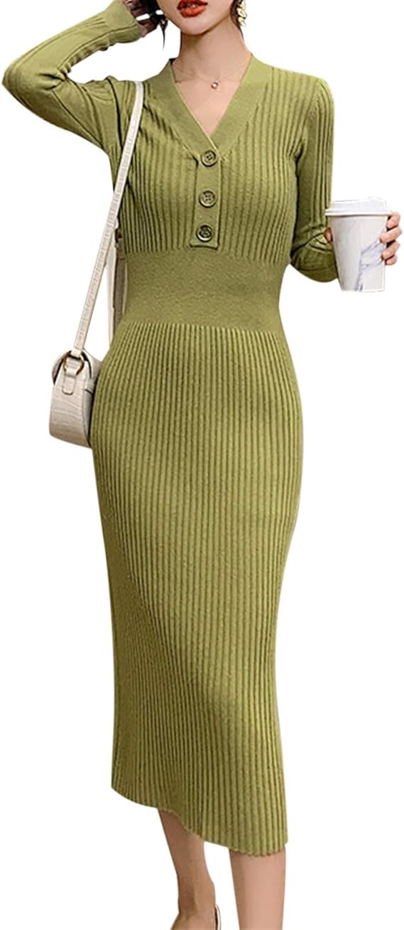 Amazon Co Jp ワンピース レディース 秋冬 ロングワンピース ニットワンピース Vネック ンナーワンピース 着痩せ スリム タイト エレガント 通勤ol 服 ファッション小物