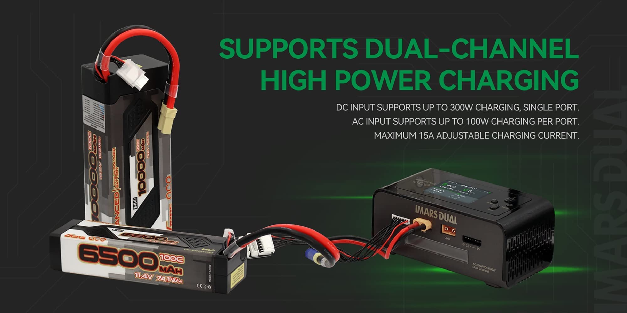 Gens Ace Caricabatteria Imars Dual Channel AC/DC,15A Charge Rate,100V-240V Voltage,per Ricaricare la batteria dell'auto FPV Drone RC (Nero)