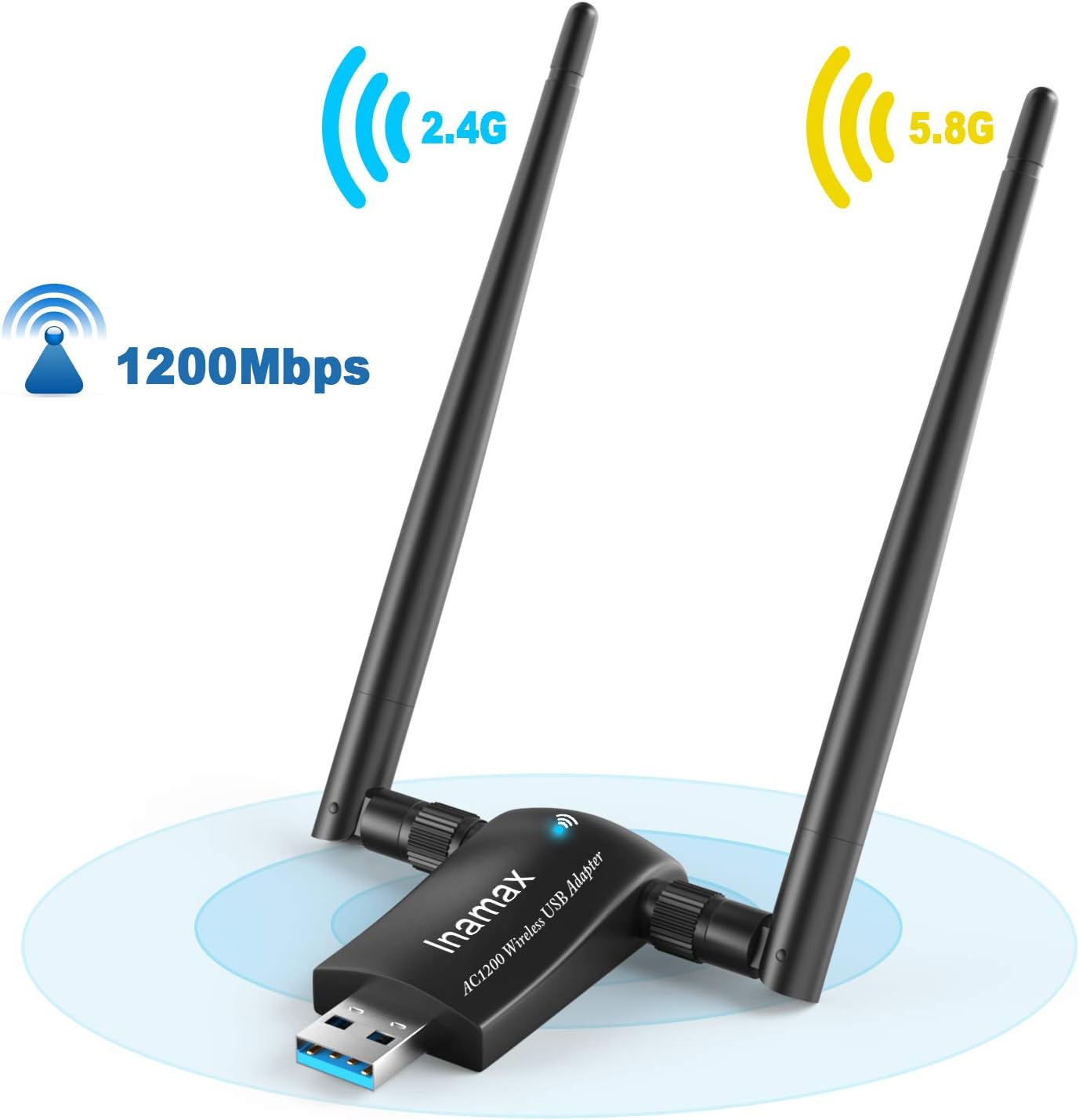 USB WiFi Adapter, Inamax 1200Mbps Wireless Network WiFi Dongle with USB3.0 High Gain Dual Antennas for Desktop Laptop PC Mac,Dual Band 2.4G/5G 802.11ac,Support Windows 10/8/8.1/7/Vista/XP,MacOS10.5-15