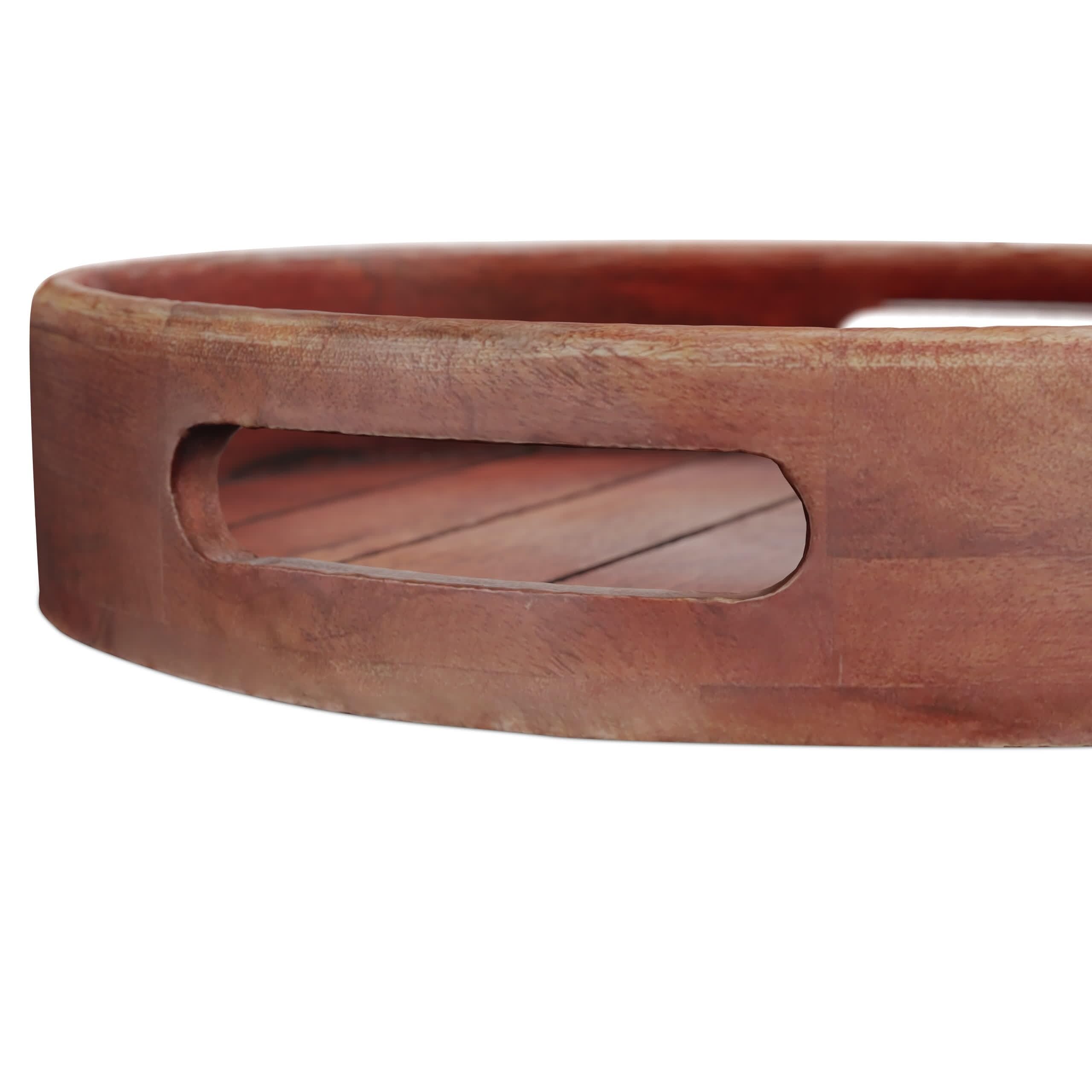 Relaxdays Plateau de Service, avec poignées, Bord surélevé, Design Rond, Bois de manguier, H x D : 29 x 36 cm, Marron