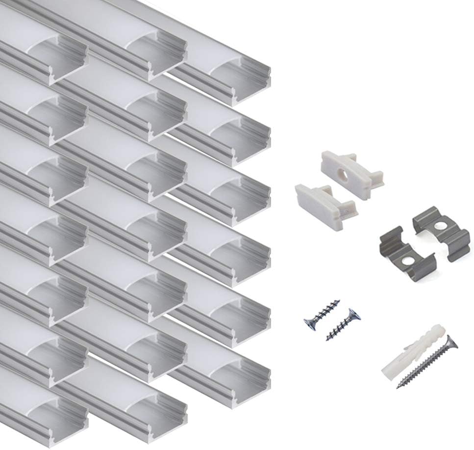 20-Pack 6.6ft/ 2Meter U Shape LED Aluminum Channel System with Milky Cover, End Caps and Mounting Clips, Aluminum Profile for LED Strip Light Installations, Very Easy Installation