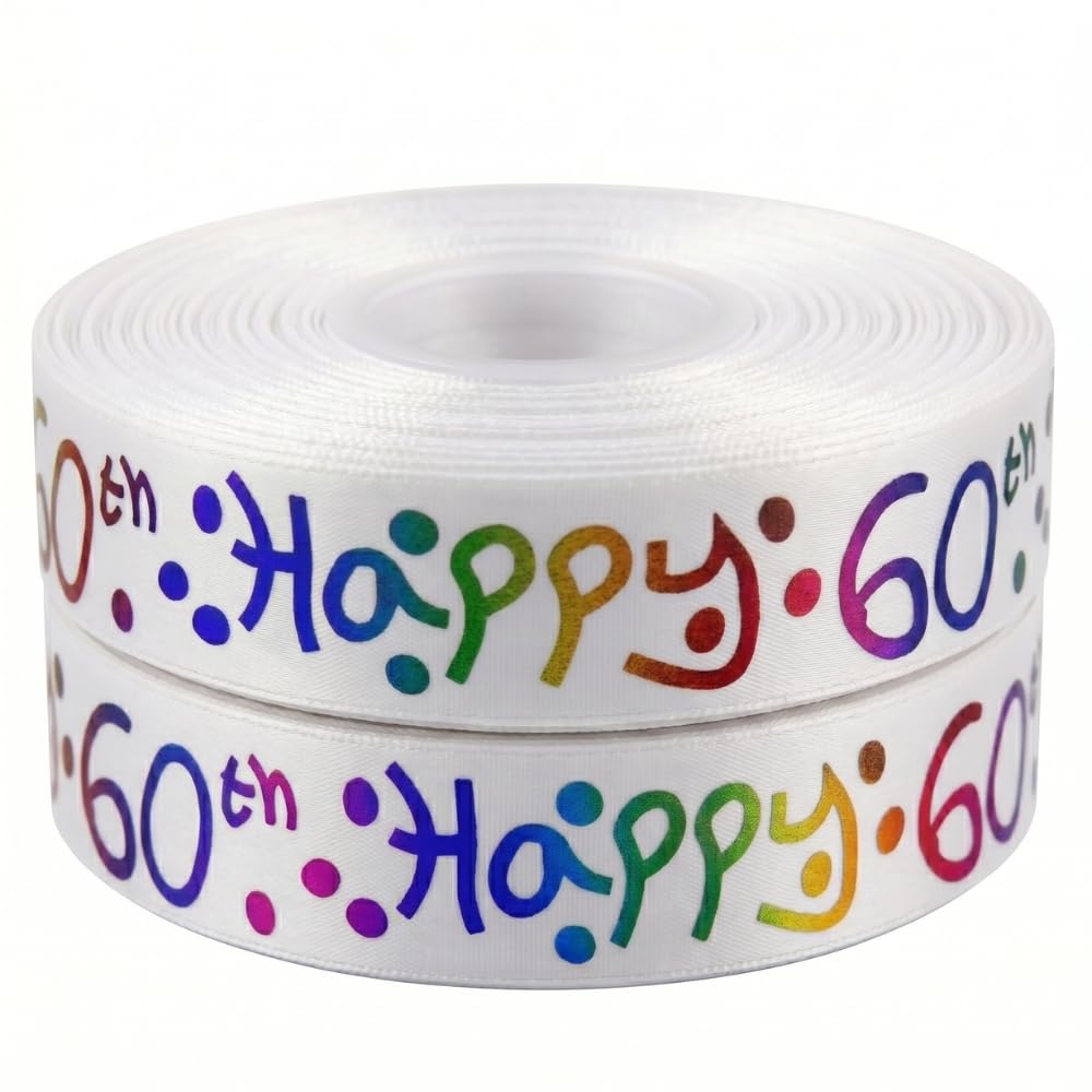 Luxury Happy 60th Birthday Ribbon White & Multi Colour Satin 2m x 25mm for Cakes, Birthday Cakes Gift Wrap Wrapping Ribbon Cards Birthday Decorations Craft
