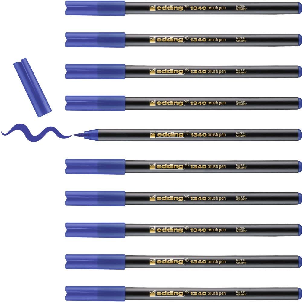edding 1340 brush pen - blue - box of 10 - flexible brush tip - felt-tip pen for painting, writing and drawing - bullet journals, hand lettering, mandalas, calligraphy