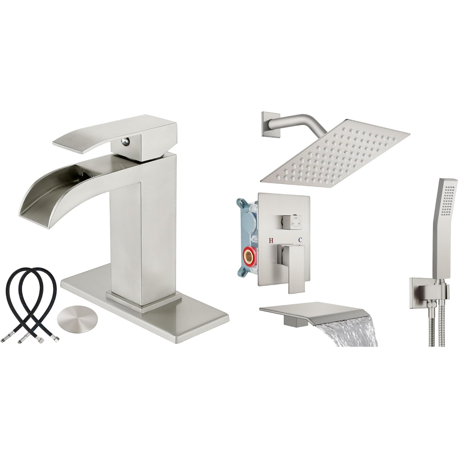 Hcfyauis Women's Brushed Nickel Single Handle Slotted Waterfall Vanity Bathroom Sink Faucets With 8 Inch Brushed Nickel Rain Shower System Tub Shower Faucet Set Square Waterfall Tub Spout