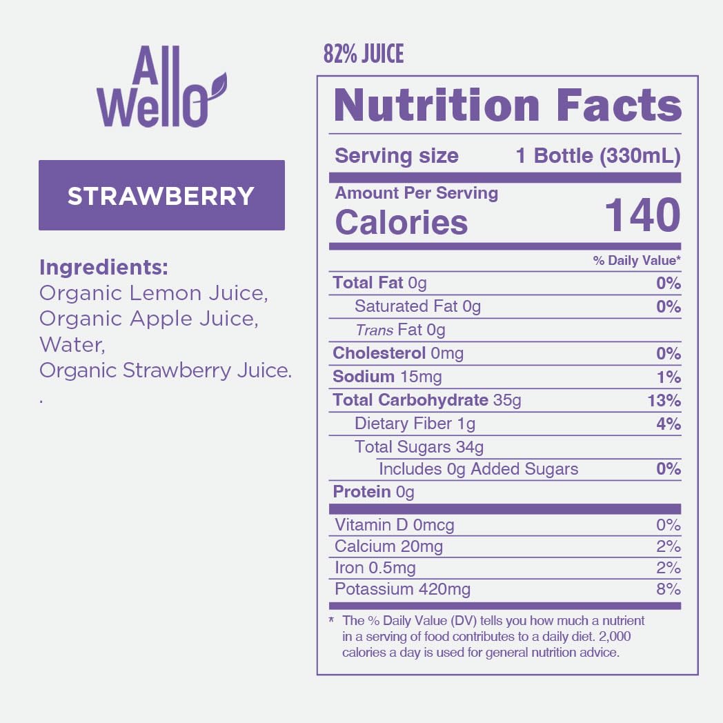 ALLWELLO Organic Cold Pressed Lemonade Gluten Free Non-GMO No Preservatives No Sugar Added (Strawberry Lemonade 6 Pack)