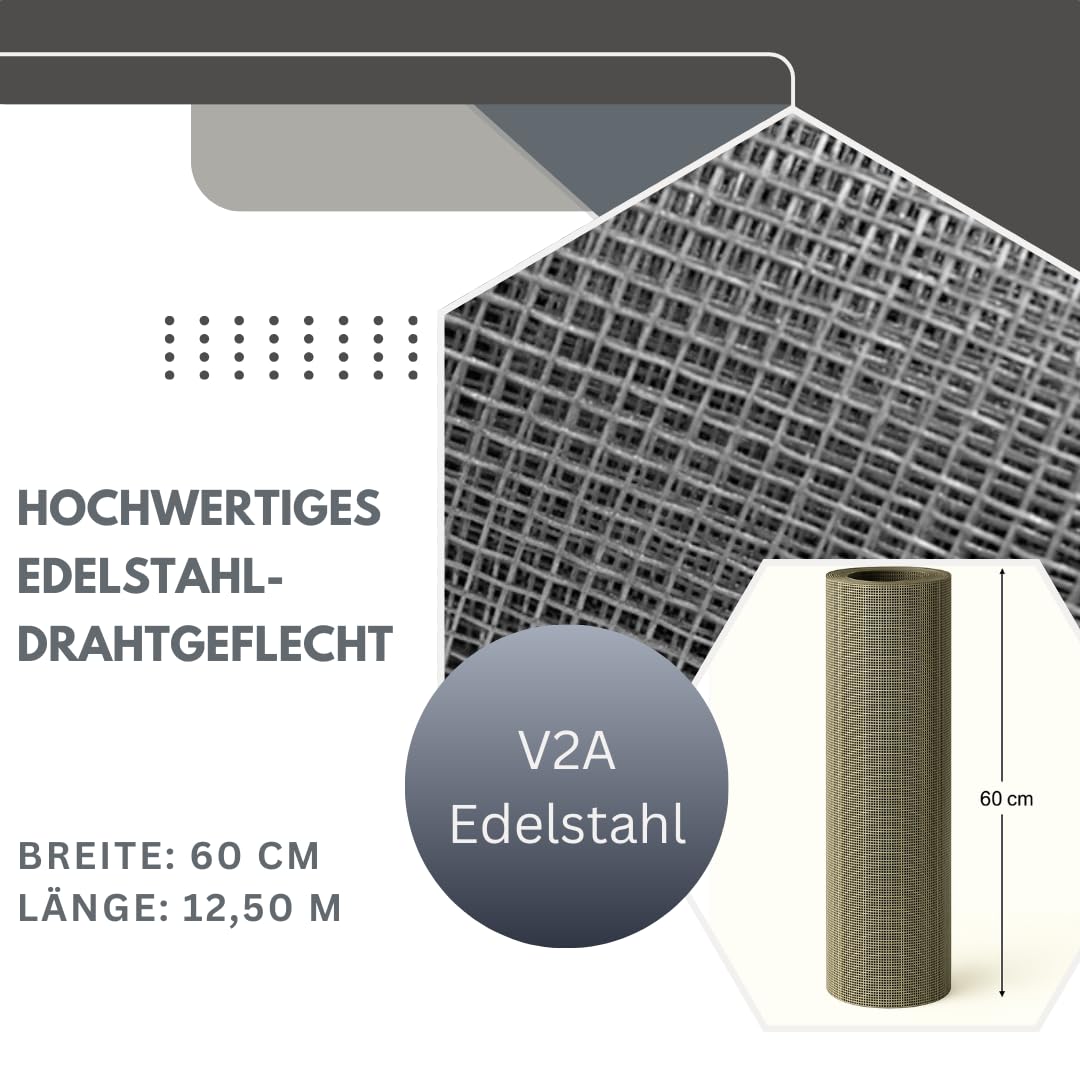 Edelstahl Fliegengitter 12,5 m x 0,6 m | V2A Edelstahlgewebe feinmaschig, robust & zuschneidbar – Insektenschutz, Nagerschutz, wetterfest | 12,5 m x 60 cm Breite