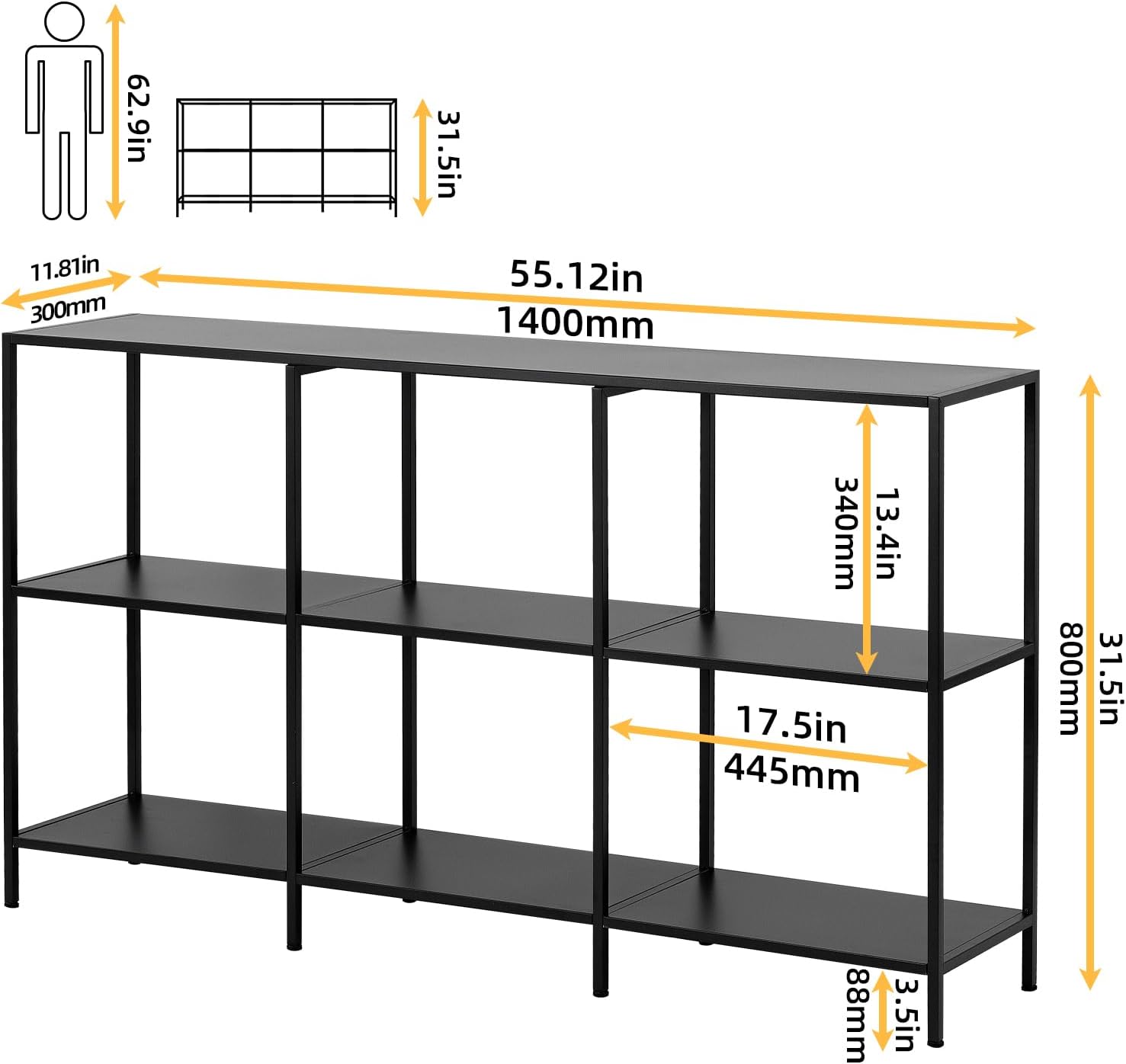 DCLRN 3 Tier Metal Console Table,Sofa Table Behind Couch,Narrow Long Shelf with Storage for Entryway,Narrow Entrance,Hallway,Living Room (Black, 55 Inch)