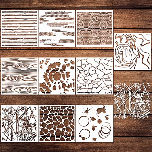 Ireer 10 Pcs Stencils for Painting Wall Texture 6 x 6 Inch Reusable DIY 10 Mixed Crackle Marble Background Spray Paint Art Stencils for Wood Canvas Paper Floor Tile(Rustic Style)