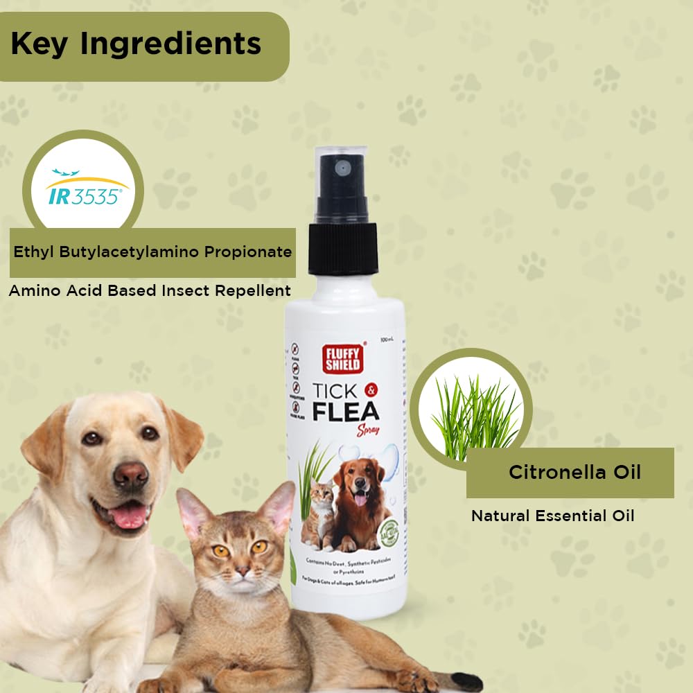 FluffyShield Tick & Flea Leave-On Spray for Dogs & Cats | IR 3535 Formula | Protects Against Ticks, Fleas, Mosquitoes & House Flies | 100ml. 4