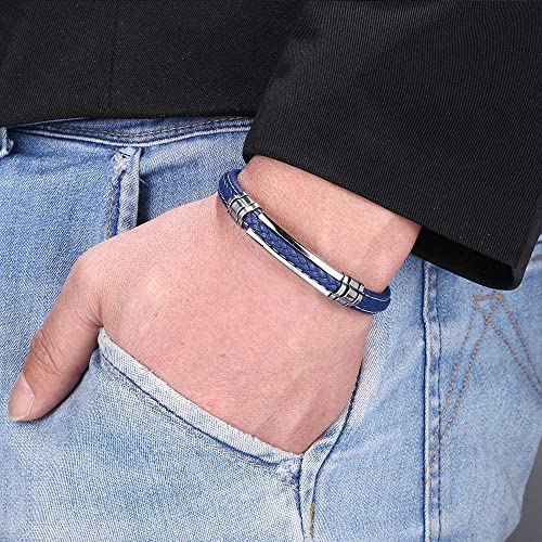 Mens Black Leather Bracelet Silver Stainless Steel Adjustable Buckle Bracelets Pulseras para Hombre3