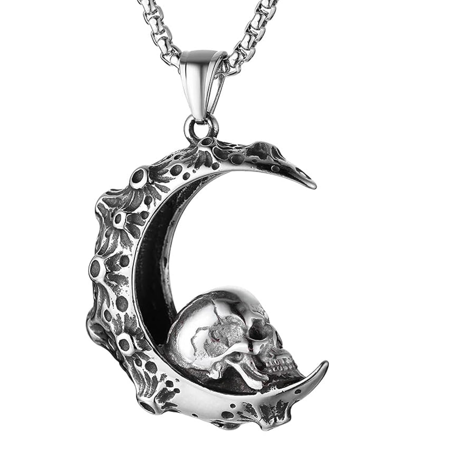 Gothic Skull on The Moon Pendant Boutique Design Stainless Steel Charm Necklaces for Men and Women Jewelry gift box