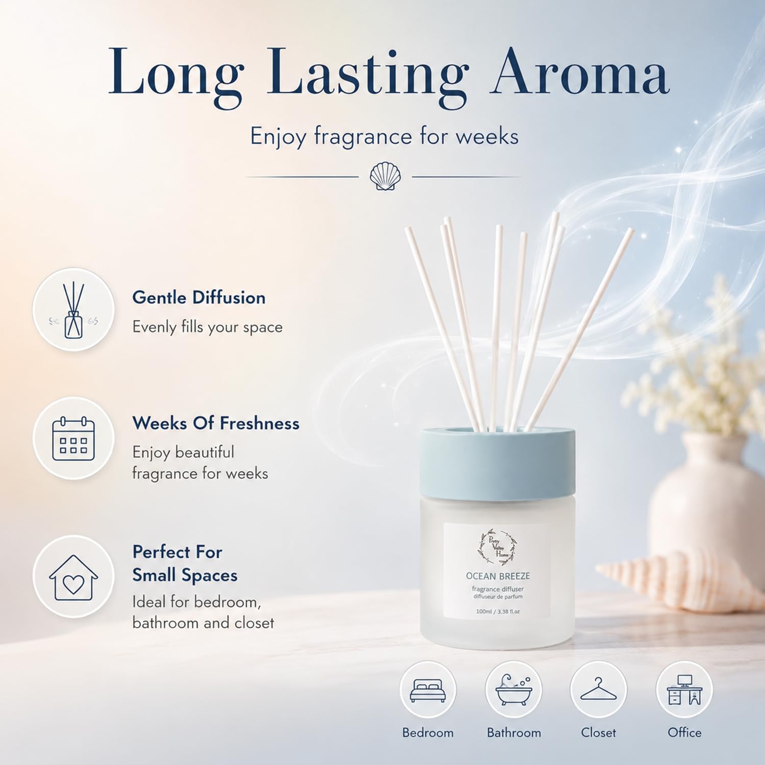 Reed Diffuser for Bathroom,Ocean Breeze Home Fragrance for Women, 3.38 Fl Oz, Coastal Beach Scent Diffuser for Bedroom, Spa Aromatherapy, Home Decor, Non-Toxic Long Lasting & Gift Ready
