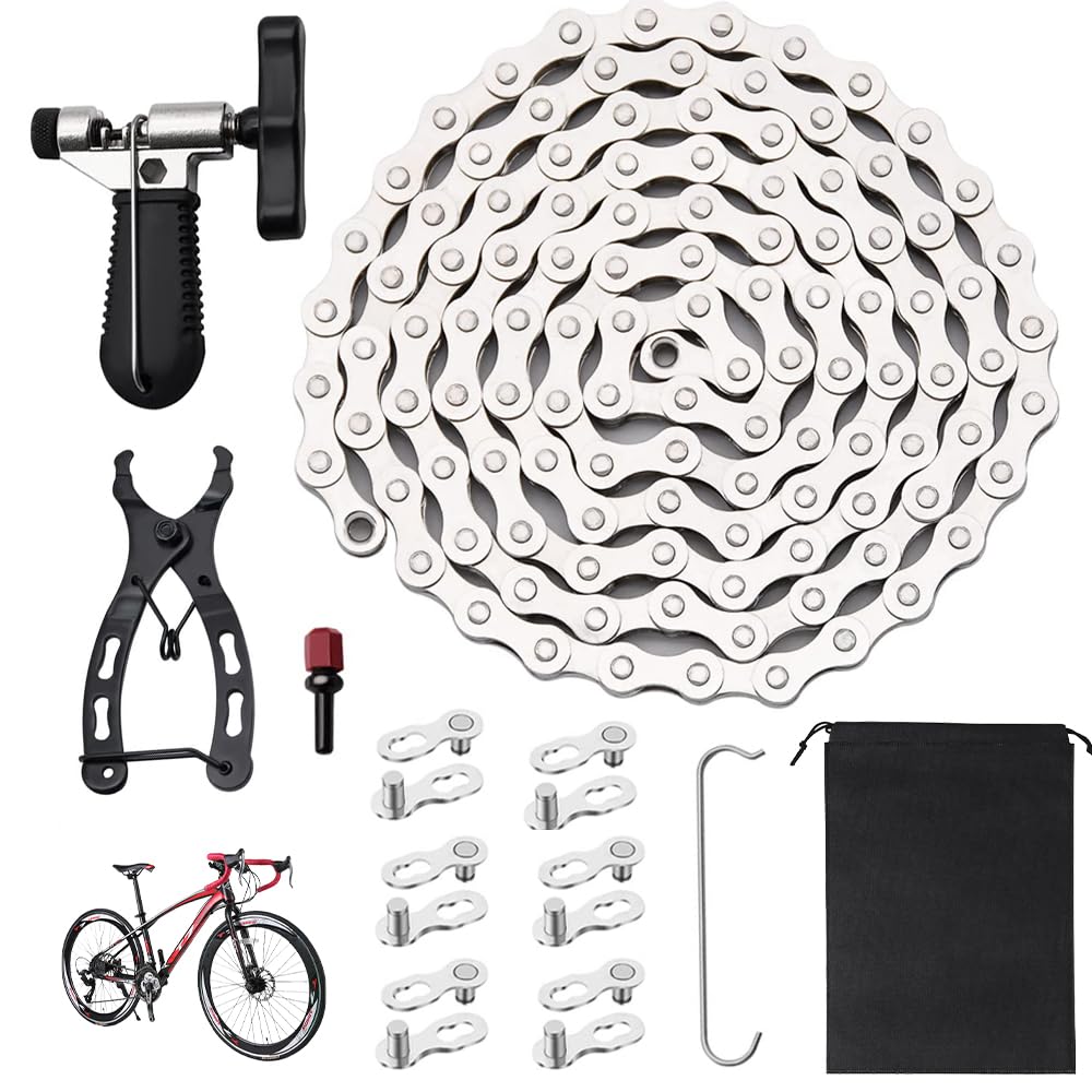 Bike Chain, 6/7/8 Speed Bicycle Chain Link Removal Tool, 12 PCS Mountain/Road Cycling Maintenance Tools Kit, with Bike Parts Bike Chains for Road Mountain Racing Cycling (1/2 x 3/32 inch 116 Links)