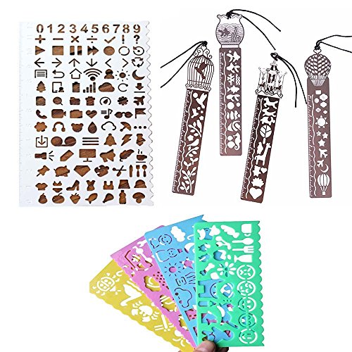 TKOnline Set of 9 Stainless Steel Drawing Painting Stencils Scale and Bookmark Stencil and Plastic Drawing Stencils Art Kit Drawing Template Stencils Plastic Bookmarks Book Mark Stainless Steel Set