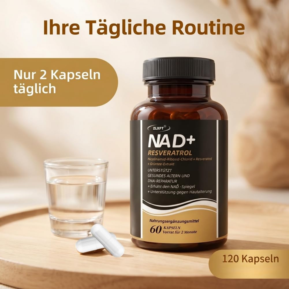 NAD+ Supplement,2pcs NAD+ Supplements mit Resveratrol, Nicotinamid-Ribosid Kapseln,Hochreines NR Supplements,Plus Resveratrol Kapseln,Hochdosiertes Supplement mit Resveratrol,120 Kapseln