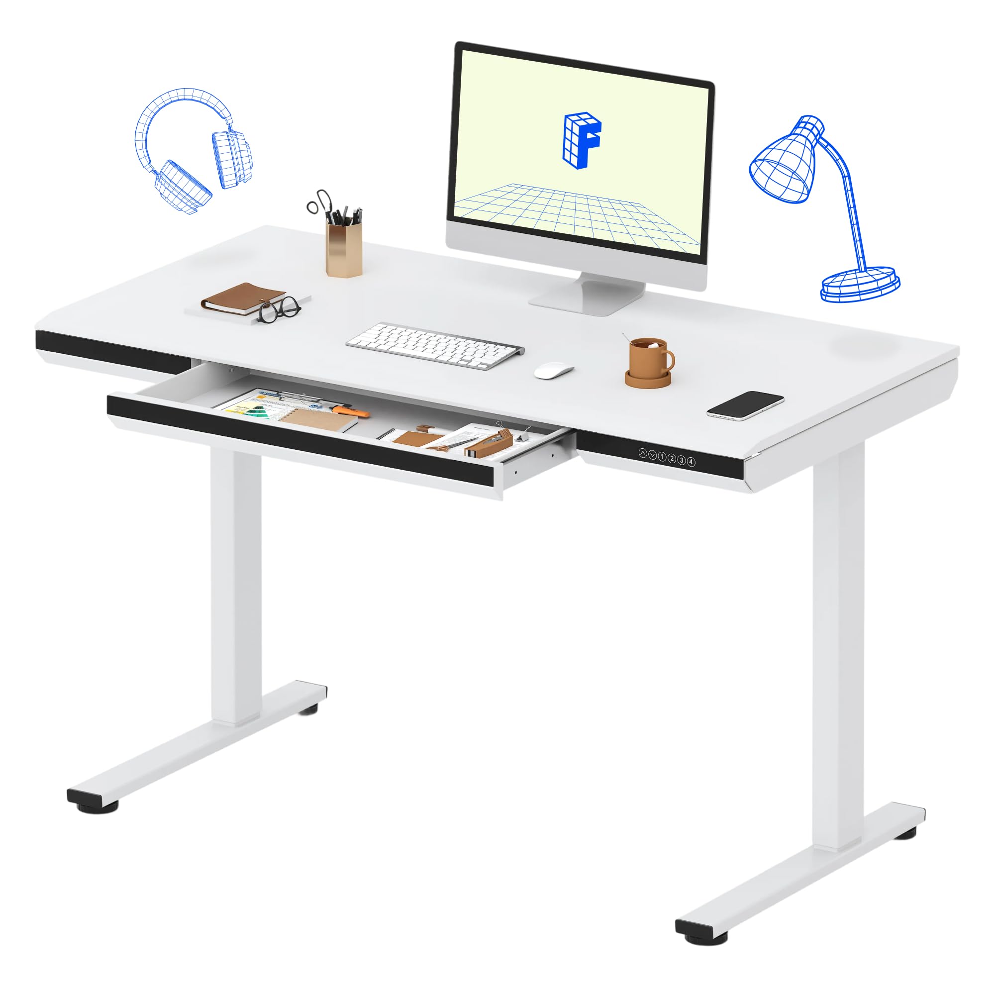 FlexiSpot FLEXISPOT One-Piece 48" Standing Desk with Acrylic-Front Drawer, Fast-Assembly Ergonomic Sit-to-Stand Desk with MDF Top, 4 Height Memory Presets Touch-Control, Home Office Computer Workstation, White