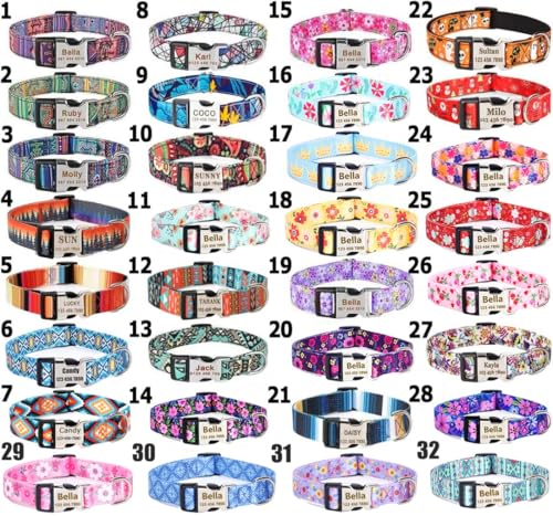 SLZZ Custom Customized Personalised Dog Collars with Engraved ID Tags Name Plate Phone Number Colorful Adjustable Dog Collars for Male Female Girl Boy Puppy X-Small Small Medium Large X-Large Dogs