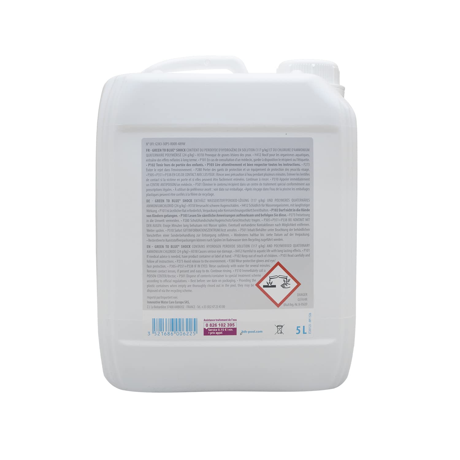 HTH Green to Blue Shock 12% Liquide - 5L | Anti-Algues Choc - Rattrapage Eau Verte - Désinfection Choc sans Chlore - Oxygène Actif - Péroxyde d'Hydrogène + 10 Tests HPS OFFERTS 6 en 1