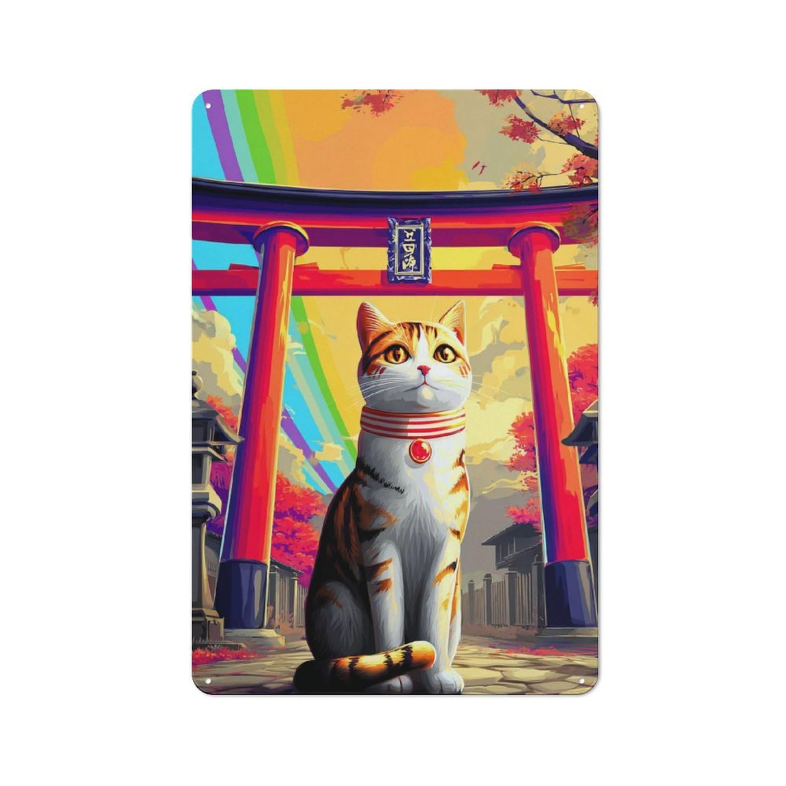 Junmoney Rainbow Torii Gate With Guardian Cat Vintage Bistro Metal Sign 30X20cm, Bistro Wall Plaque For Takeaway, Bar, Kitchen Or Counter Area
