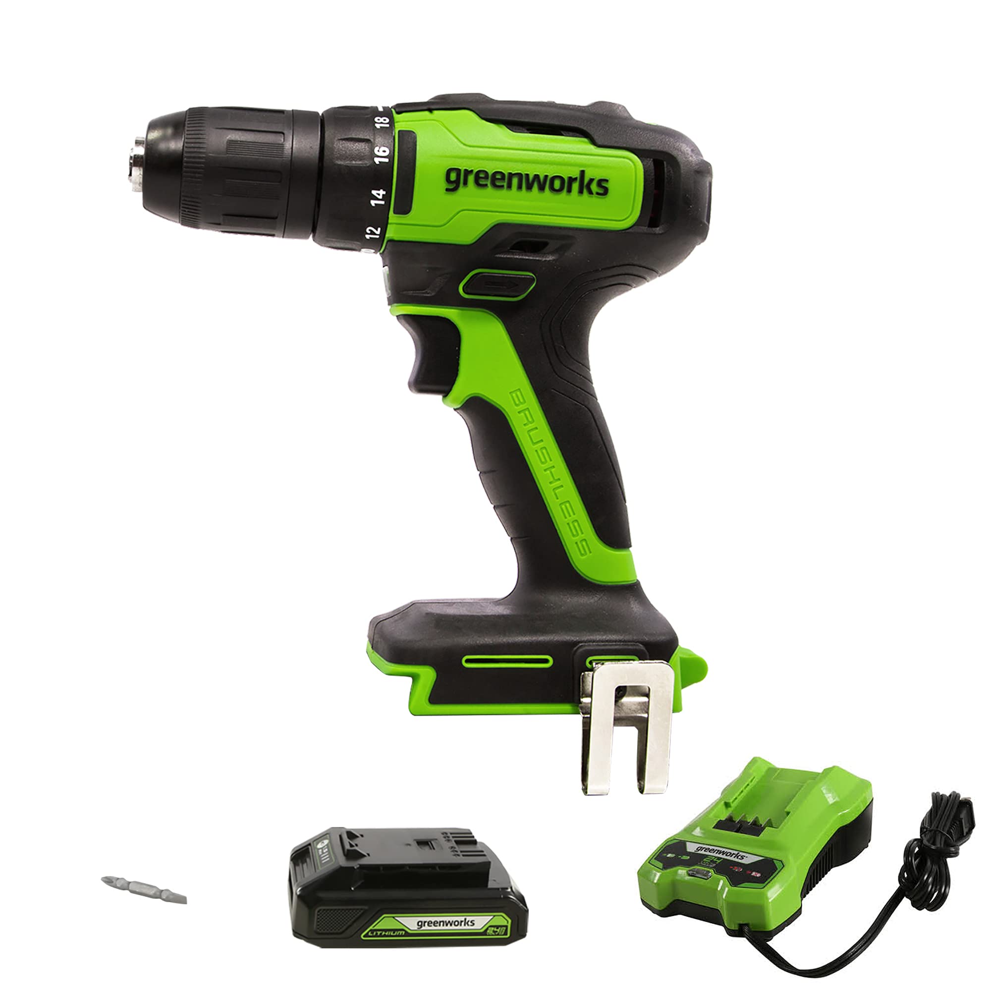 Greenworks24V Brushless Drill / Driver, 2Ah USB Battery and Charger Included