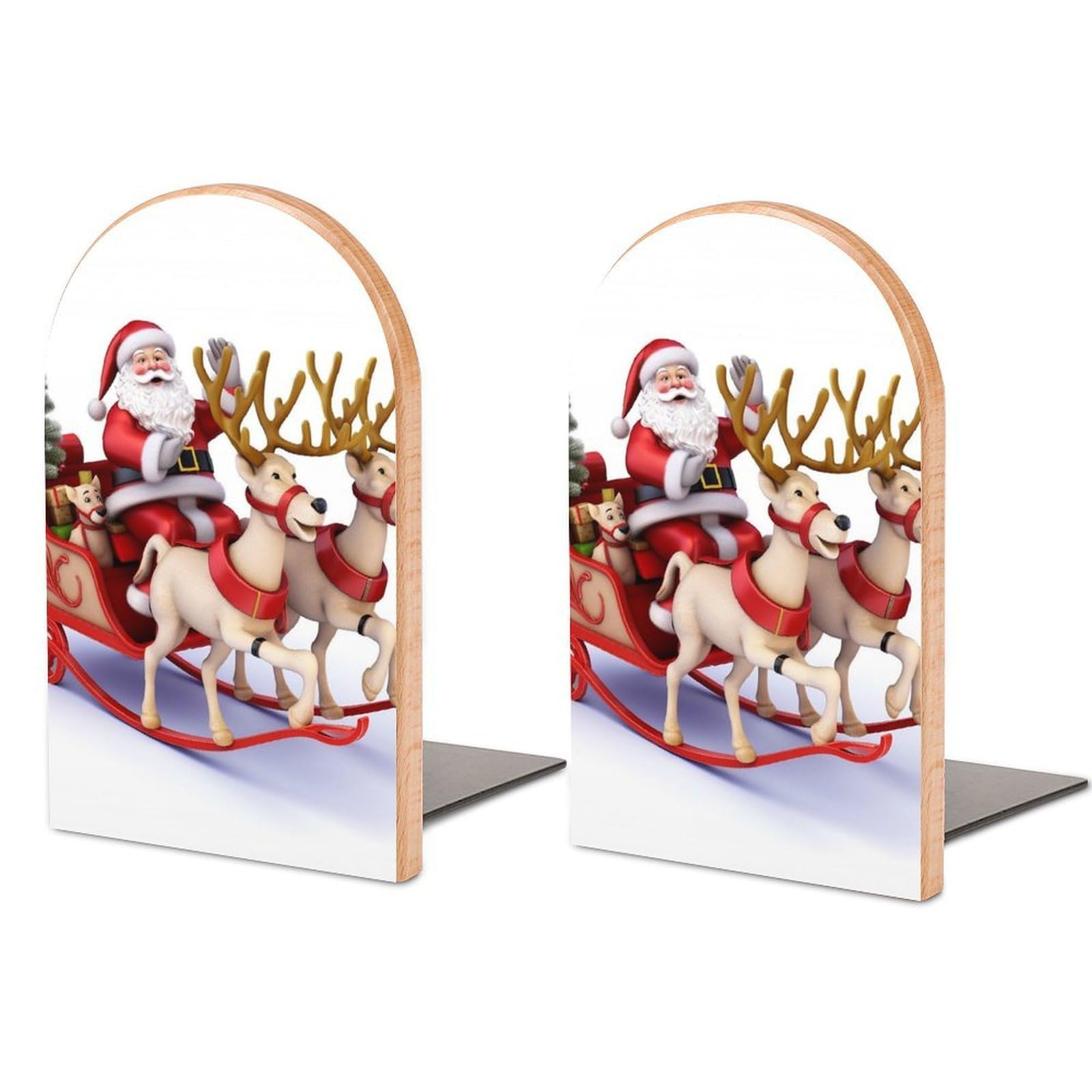 Beech Wood Book Ends Santa Claus Reindeer Sled Printed Bookend for Shelves Home Decorative Bookends for Heavy Books for Office Bookshelves