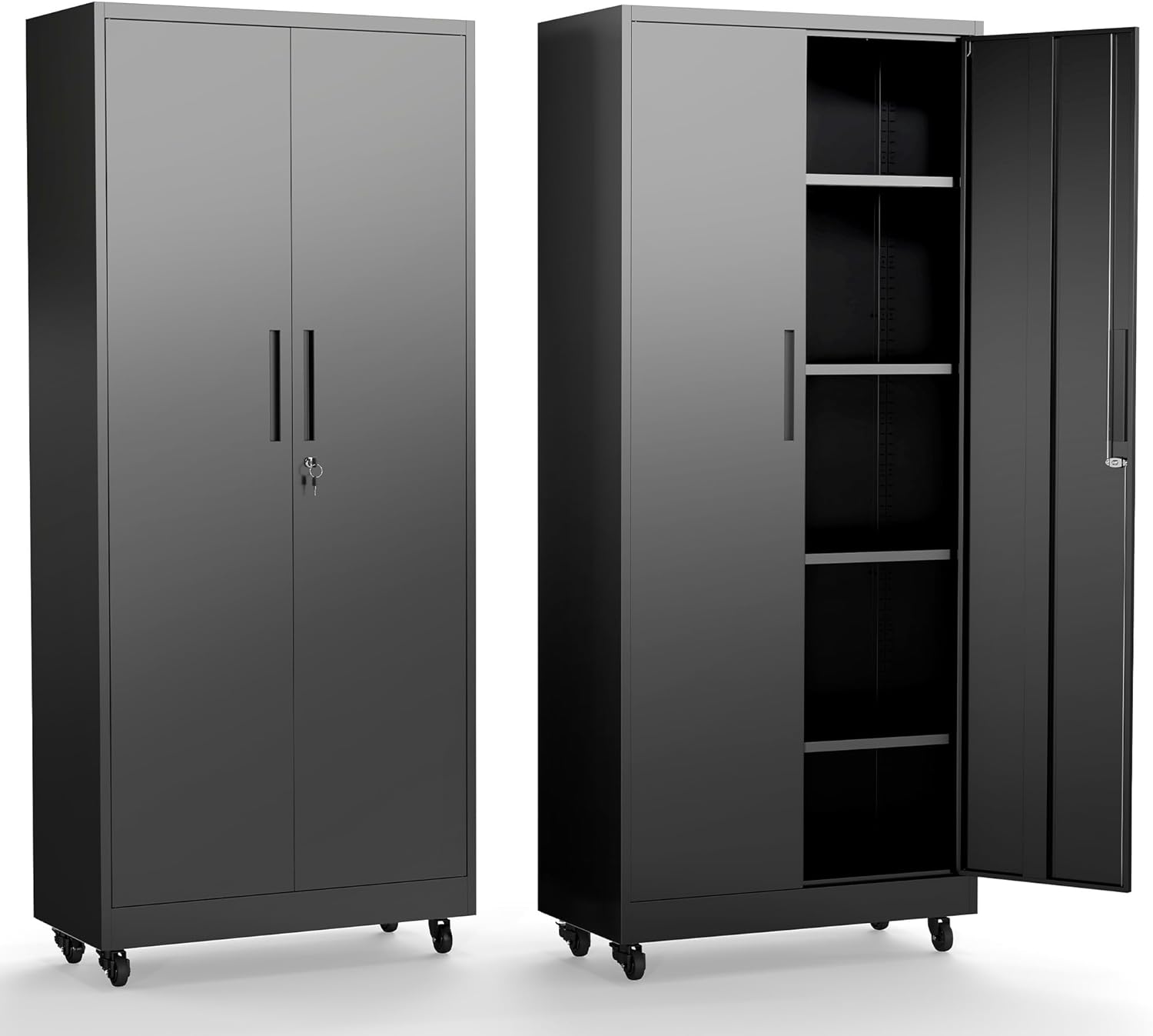 Metal Storage Cabinet with Doors and Adjustable Shelves, 73" Steel Garage Storage Cabinets with Wheels, Locking Tool Cabinet Utility Cabinets for Garage,Bathroom,Kitchen,Home Office,School