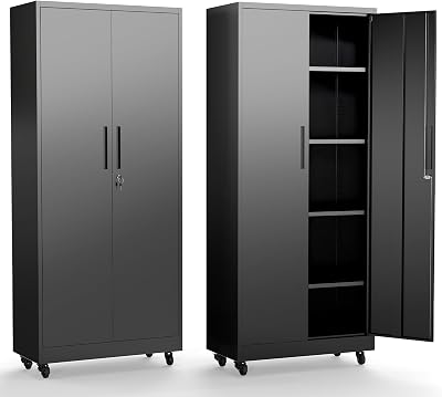 Metal Storage Cabinet with Doors and Adjustable Shelves, 73" Steel Garage Storage Cabinets with Wheels, Locking Tool Cabinet Utility Cabinets for Garage,Bathroom,Kitchen,Home Office,School