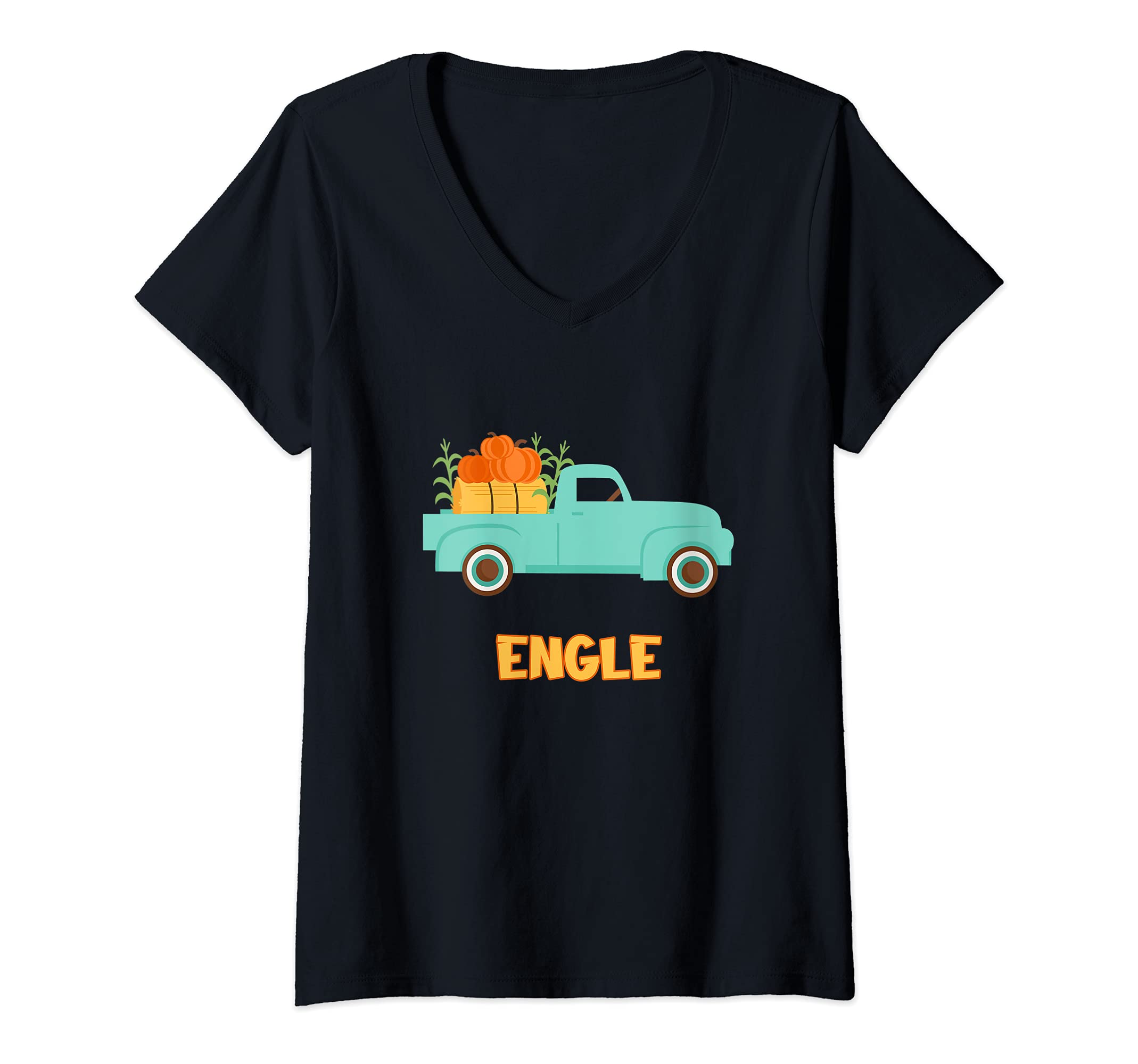 Womens Engle Custom Last Name Family Pumpkins Thanksgiving V-Neck T-Shirt