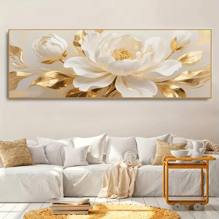 Peinture florale sur toile ZHUOYA fleurs blanches et dorées 25x75cm avec cadre intérieur