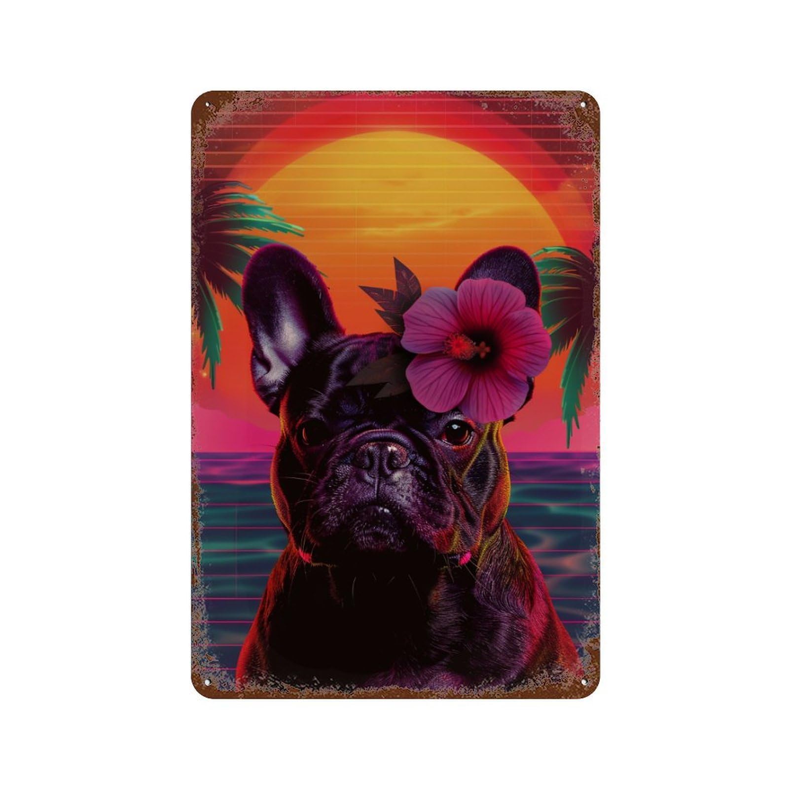 Rust Effect Vibrant Tropical Bulldog Aged Metal Wall Plaque 11.8"x7.9", Industrial Home Decor for Cafe, Home Bar And Lounge Decor