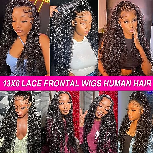 Image of Hswpawk 13x6 Deep Wave Lace Front Wig Human Hair HD Transparent Pre Plucked 180% Density Glueless With Baby Hair Natural Hairline Deep Curly 32 Inch