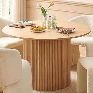 47" Round Dining Table for 4, Modern Farmhouse Kitchen Table, Circle Dining Table with Wood Strip Base, Kitchen & Dining Room Table, Oak Wood Veneer Tabletop