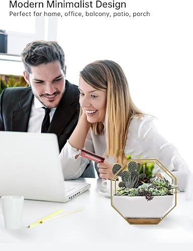 Miniatura 7 de Macetas decorativas de cerámica para suculentas de 7 x 3.5 pulgadas con soporte de metal para colgar y colocar, maceta de jardín de doble propósito
