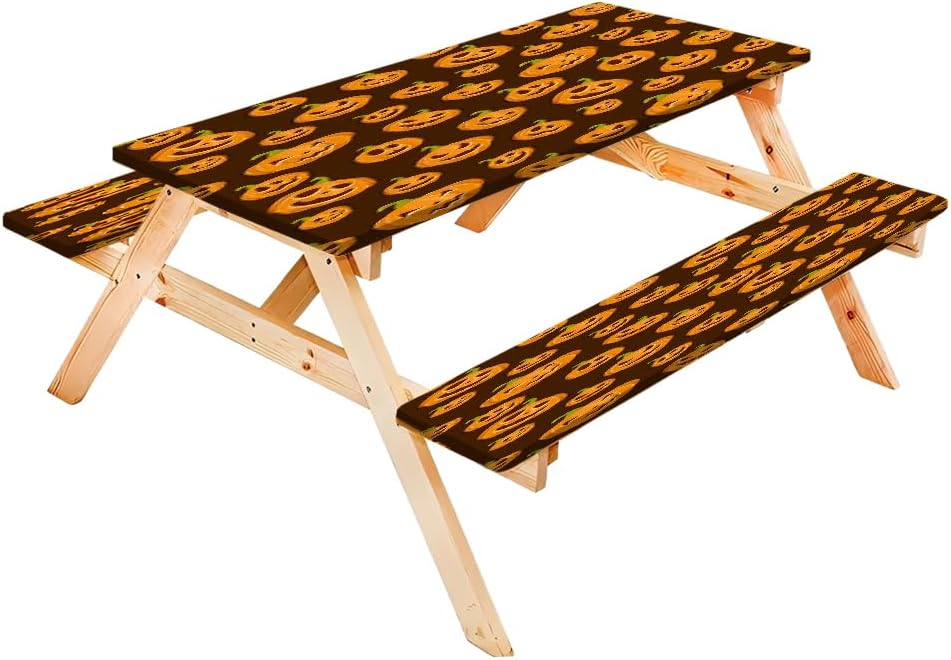 Picnic Table Cover with Bench Covers Elastic Edges Pumpkin Outdoor Tablecloth Camping Essentials Fitted Rectangle Tables Seats, 72in for RV Party Travel Style67