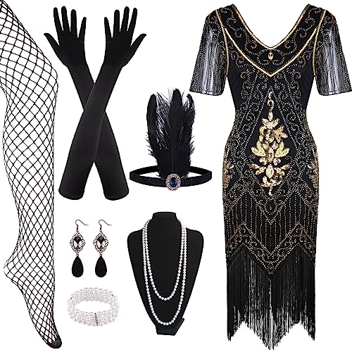 Fepito 1920S V Neck Sequin Beaded Fringed Dress With 20S Accessories Set (Black Gold, Small) #TOP1