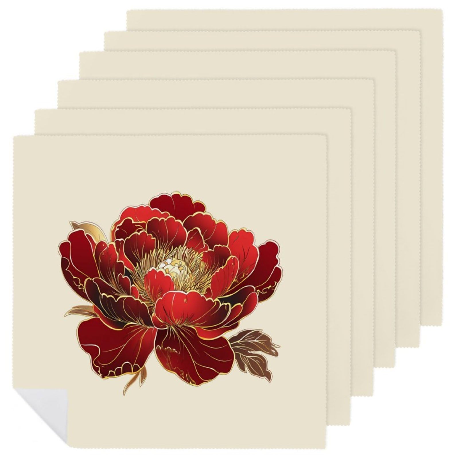Servilletas cuadradas para mesa de cocina con estampado floral de peonía roja