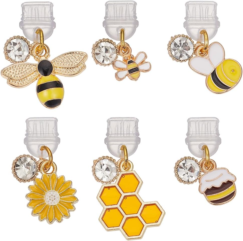 OLYCRAFT 6Pcs Type-C Dust Plug Charm 21~32mm Long Mobile Dustproof Plugs with Bee Honeycomb Pendants USB C Port Caps Protector Phone Pendant Charging Port Plug Pendants for Most Type C Phone