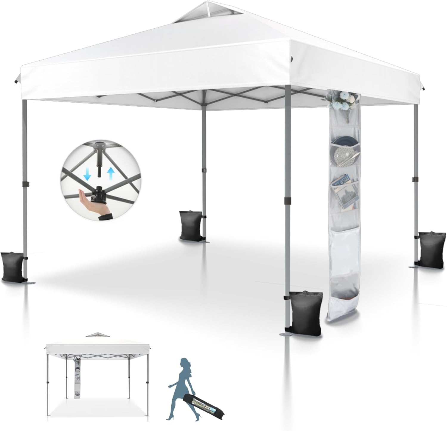MFSTUDIO 10x10 Pop Up Canopy Tent, Outdoor Tent One Push Setup Instant Portable Shelter Canopies with Vented Top, Straight Legs, Wheeled Bag, 4 Sandbags, White