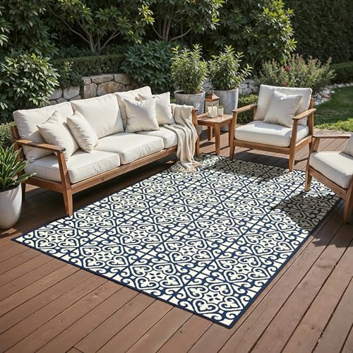 Oriental Weavers Marina Indoor/Outdoor Rug - 5927B - 5'3" x 7'6" - in Ivory/Navy - Moroccan Style, Water, Stain and Fade Resistant, Hose Clean, Patio, Outdoor Living Area Rug