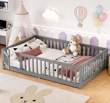 Bellemave Full Size Montessori Floor Bed with Rails, Pine,Montessori Floor Bedwith slats and a Small Door, Grey