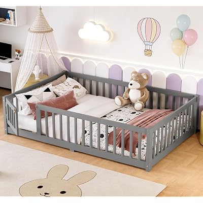 Bellemave Full Size Montessori Floor Bed with Rails, Pine,Montessori Floor Bedwith slats and a Small Door, Grey