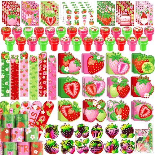 BenLouis 96 Pcs Strawberry Party Favors Berry School Stationery Bulk for Kids Classroom Strawberry Birthday Gift Candy Goodie Bag Fillers Fruit Strawberry Decor Pinata Prize Activity Supplies