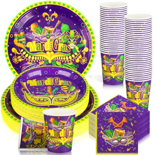 Yoande 200 Pcs Mardi Gras Party Supplies Carnival Party Tableware Set Includes Paper Plates Dessert Plates Cups and Napkins Masquerade Decorations for New Orleans Parties Serves 50 Guests