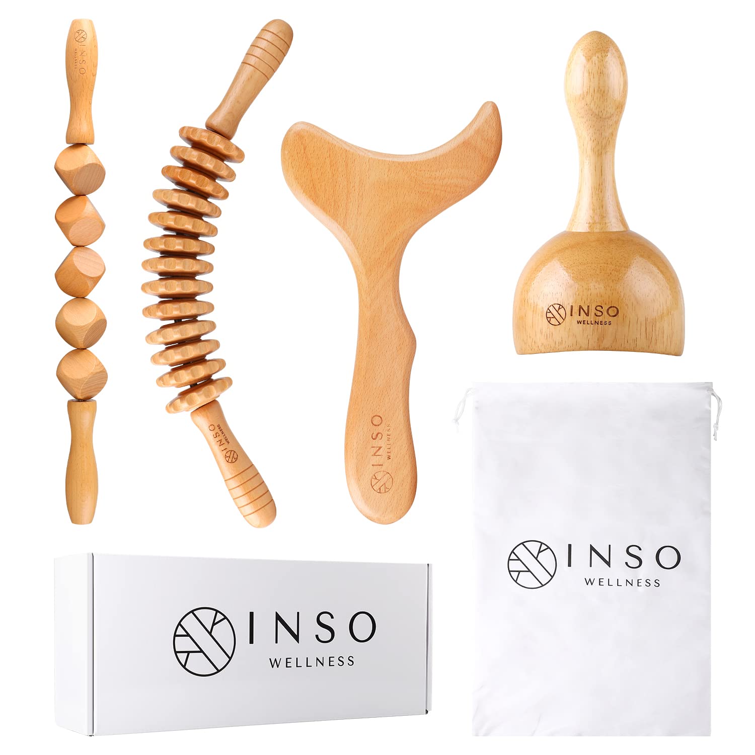 INSO WELLNESS Wood Therapy Massage Tools – 4-in-1 Wood Therapy Tools for Body Shaping, Lymphatic Drainage, Sculpting – Natural Beech Wooden Tool Set – Anti-Cellulite Wooden Massage Roller