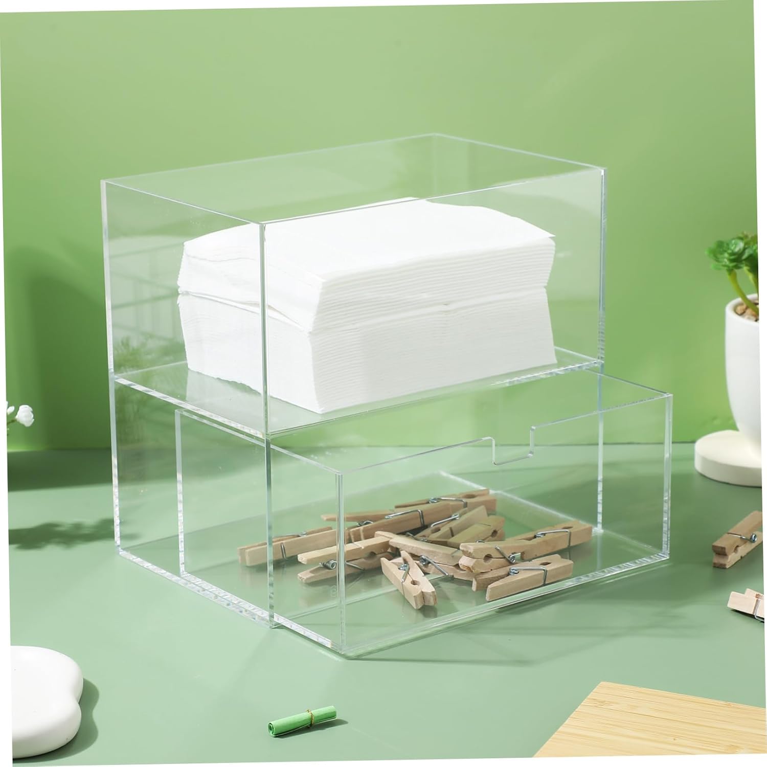 Zerodeko 1drawer Laundry Pod Holder with Bamboo Lid Clear Laundry Storage Container for Dryer and Scent Boosters Dual Compartment Organizer