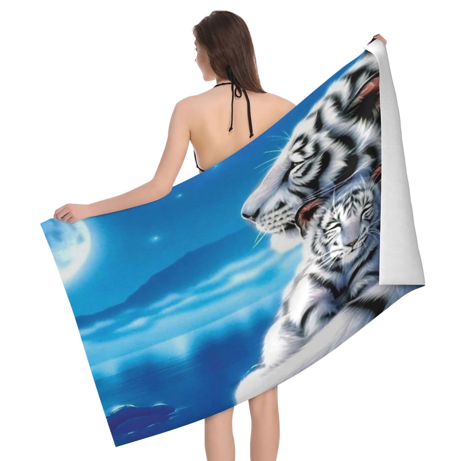 Lawenp Tiger and Moon Beach Towel, Lightweight Sand Free Quick Dry Microfiber Absorbent Bath Towel for Kids, Adults, Swimming, Bath, Yoga, Pool, Travel, Camping 32"X52"