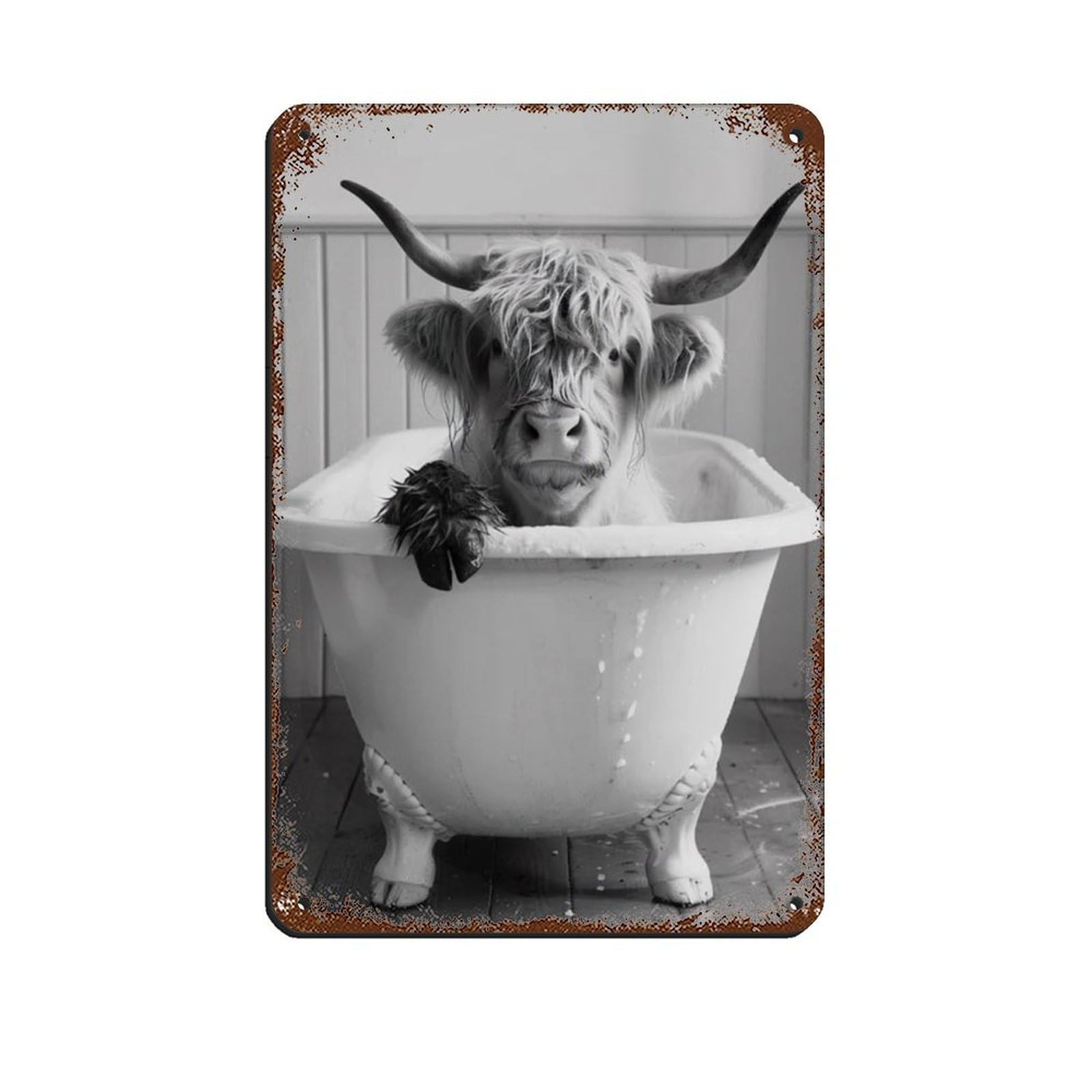 Highland Cow in The Bathtub, Funny Animal Poster Retro Poster Metal Tin Sign Chic Art Retro Iron Painting Bar People Cave Cafe Family Garage Poster Wall Decoration 8x12inch(20x30cm)