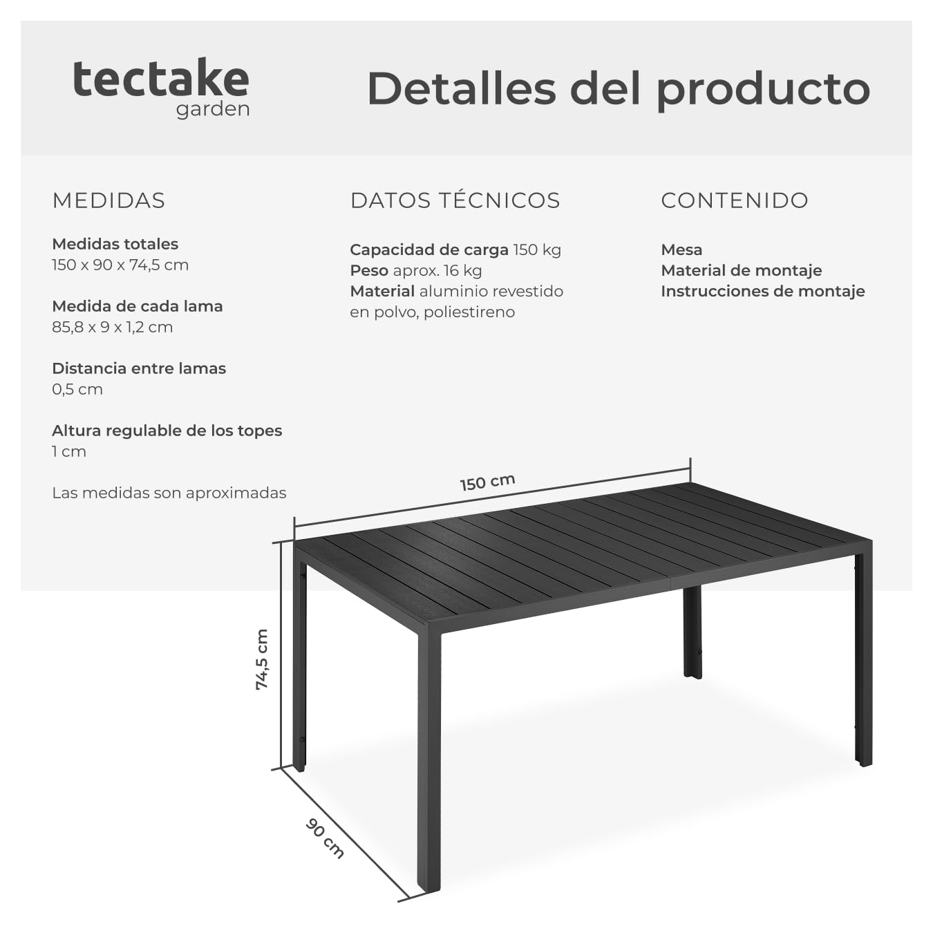 tectake® Mesa Jardín Exterior de Aluminio 150x90x74,5cm, Mesa Terraza, Patas Ajustables y Topes, Mueble Jardín Resistente a Intemperie, Fácil Montaje - Negro/Negro