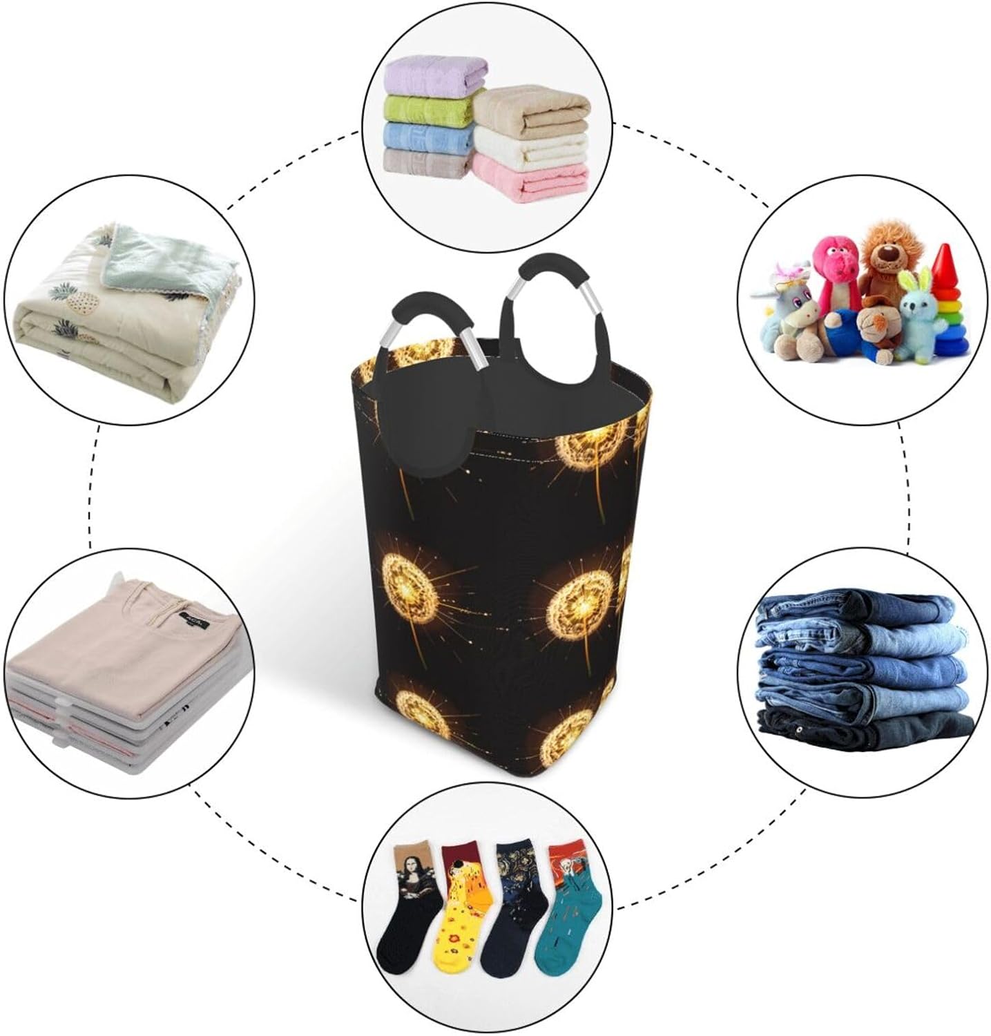 Glowing Dandelion Foldable storage bag, 50L capacity, suitable for laundry room, dormitory bedroom, dirty clothes storage basket.